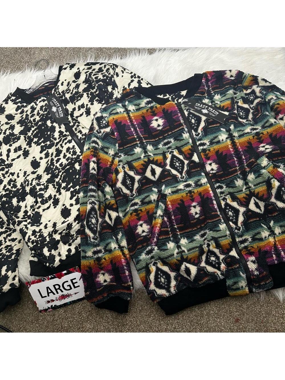Crazy Train Large Reversible Fleece Jacket Aztec & Cow Print
